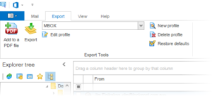 Use PstViewer Pro software to convert Outlook .pst to .mbox. Screen shot of PstViewer Pro Export menu with MBOX selected.